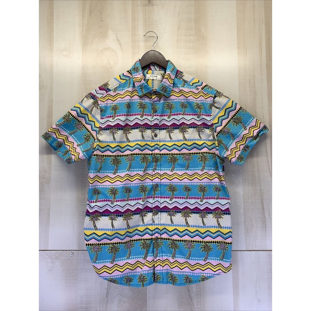 Zipcode Mens Colorful Tropical Palm Tree Print Button Up Short Sleeve Mens Sz L